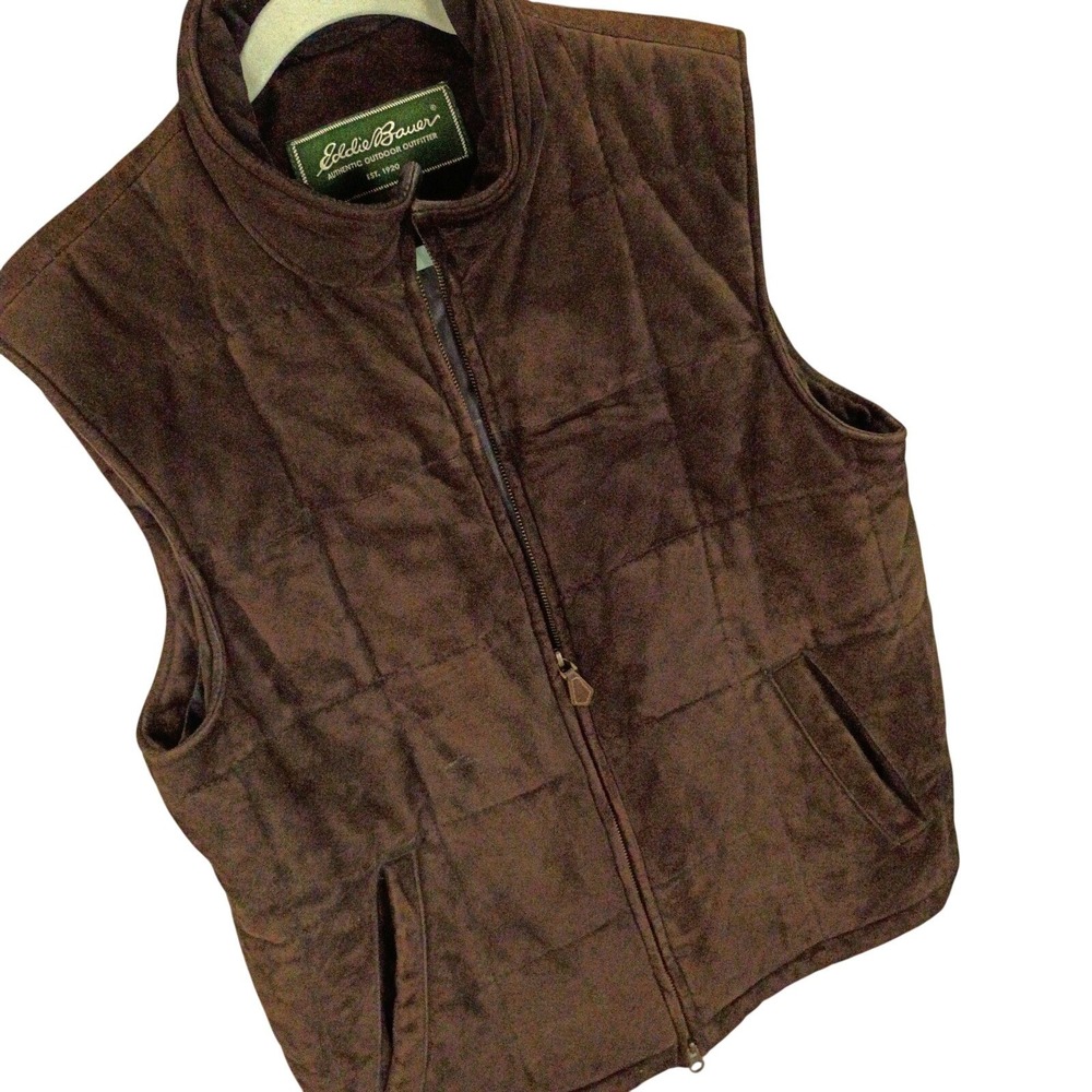 Eddie Bauer Mens M Quilted Suede Leather Vest Brown Full Zip Gorpcore Classic